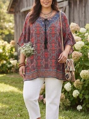 Urban Coco Red Paisley Bohemian Tunic Top 3/4 Sleeve Size 2X Length 35"